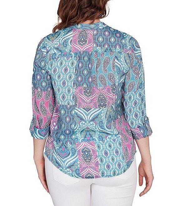 Ruby Rd. Patchwork Print Banded Collar Roll-Tab Sleeve Pleat Detail Button-Down Blouse Product Image