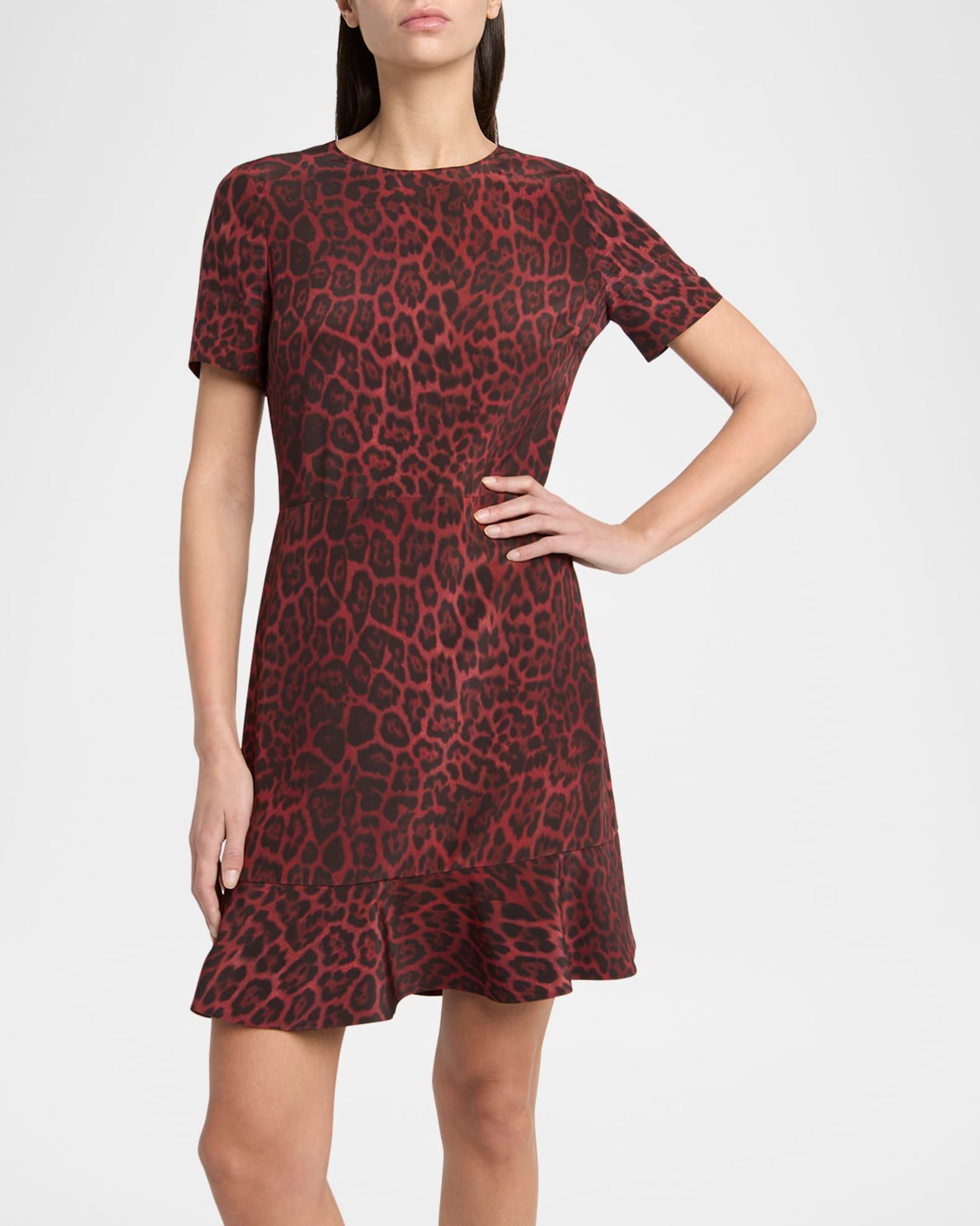 Leopard Print Flared Hem Silk Dress Product Image