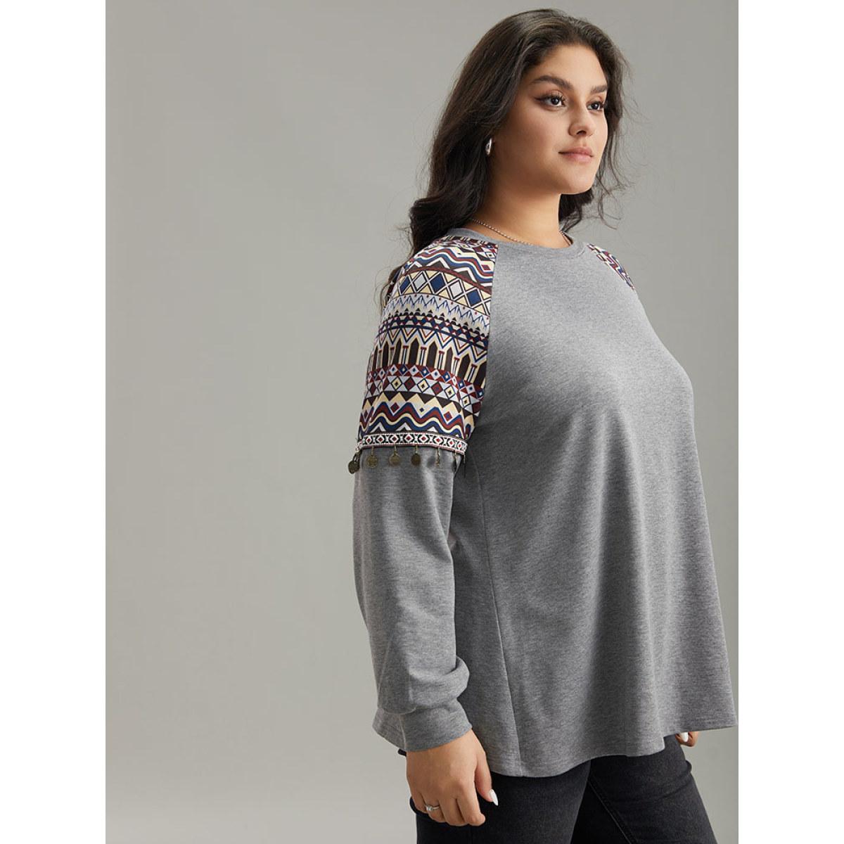 Plus Size Bandana Print Raglan Sleeve Crew Neck Sweatshirt Women Gray Casual Elastic cuffs Round Neck Dailywear Sweatshirts BloomChic 14-16/1X Product Image