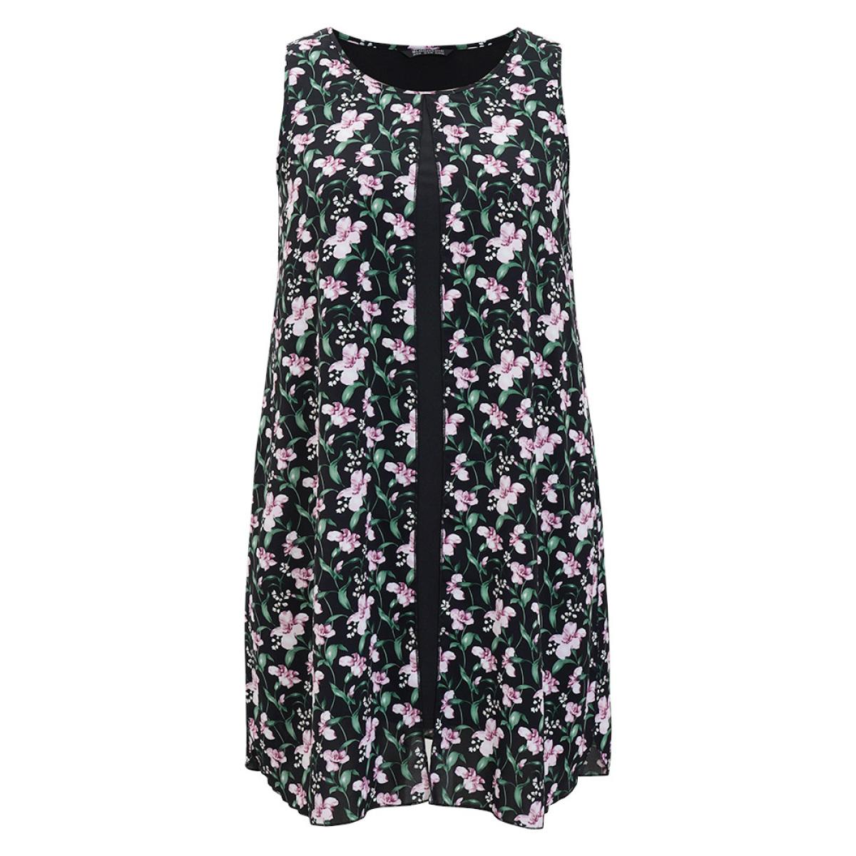 Plus Size Floral Patchwork Round Neck Split Hem Tank Dress BlackFlower Women Elegant Patchwork Round Neck Sleeveless Curvy Knee Dress BloomChic 14-16/1X Product Image