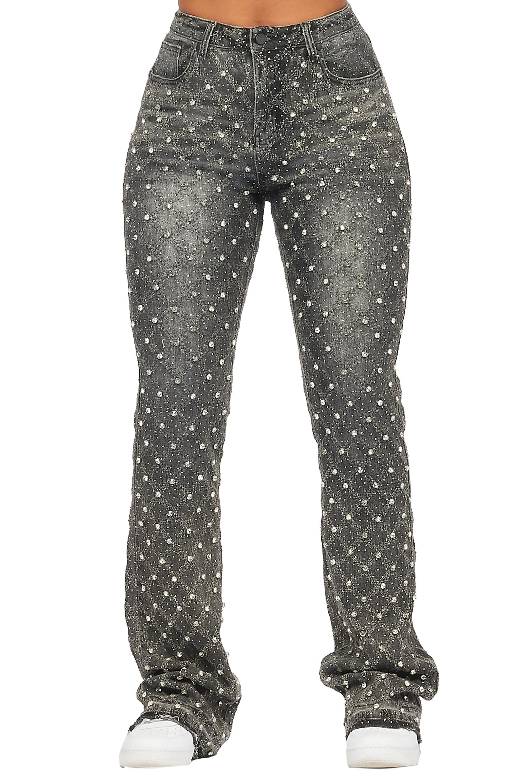 Sareka Grey Wash Rhinestone Stacked Flare Jean Female Product Image