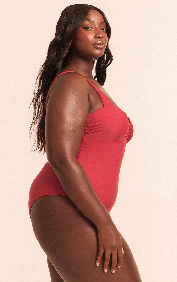 Plus Deep Red Underwired U Bar Ruched Cup Swimsuit Product Image