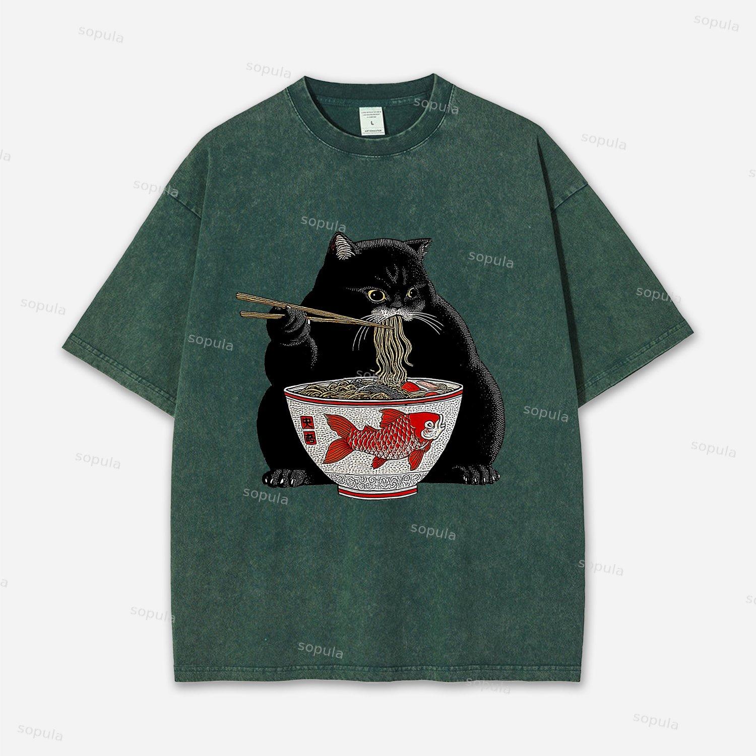 Fat Cat Eating Ramen Acid Washed T-shirt Product Image