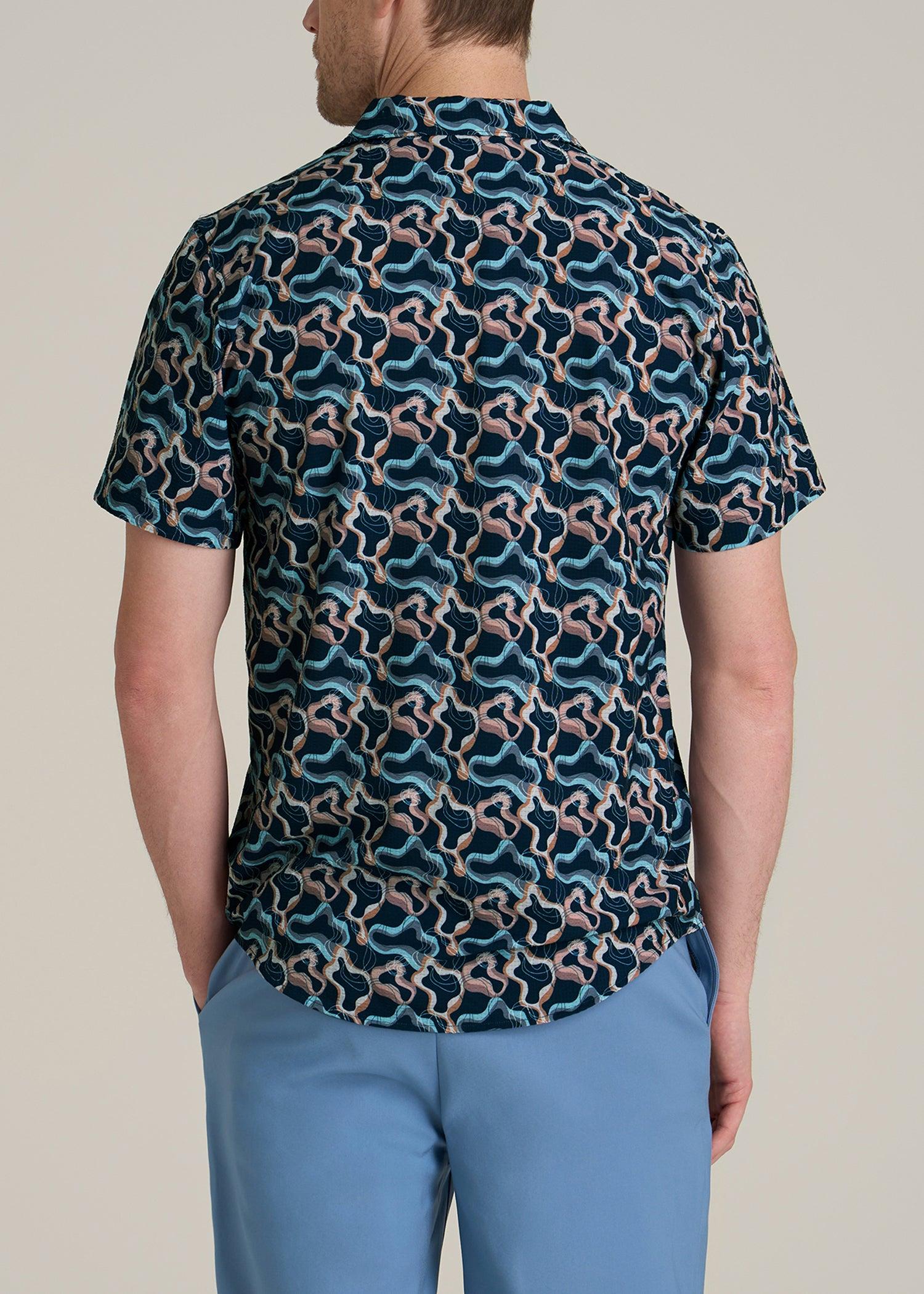 Coastal Perforated Polo Shirt for Tall Men in Blue and Rose Abstract Male Product Image