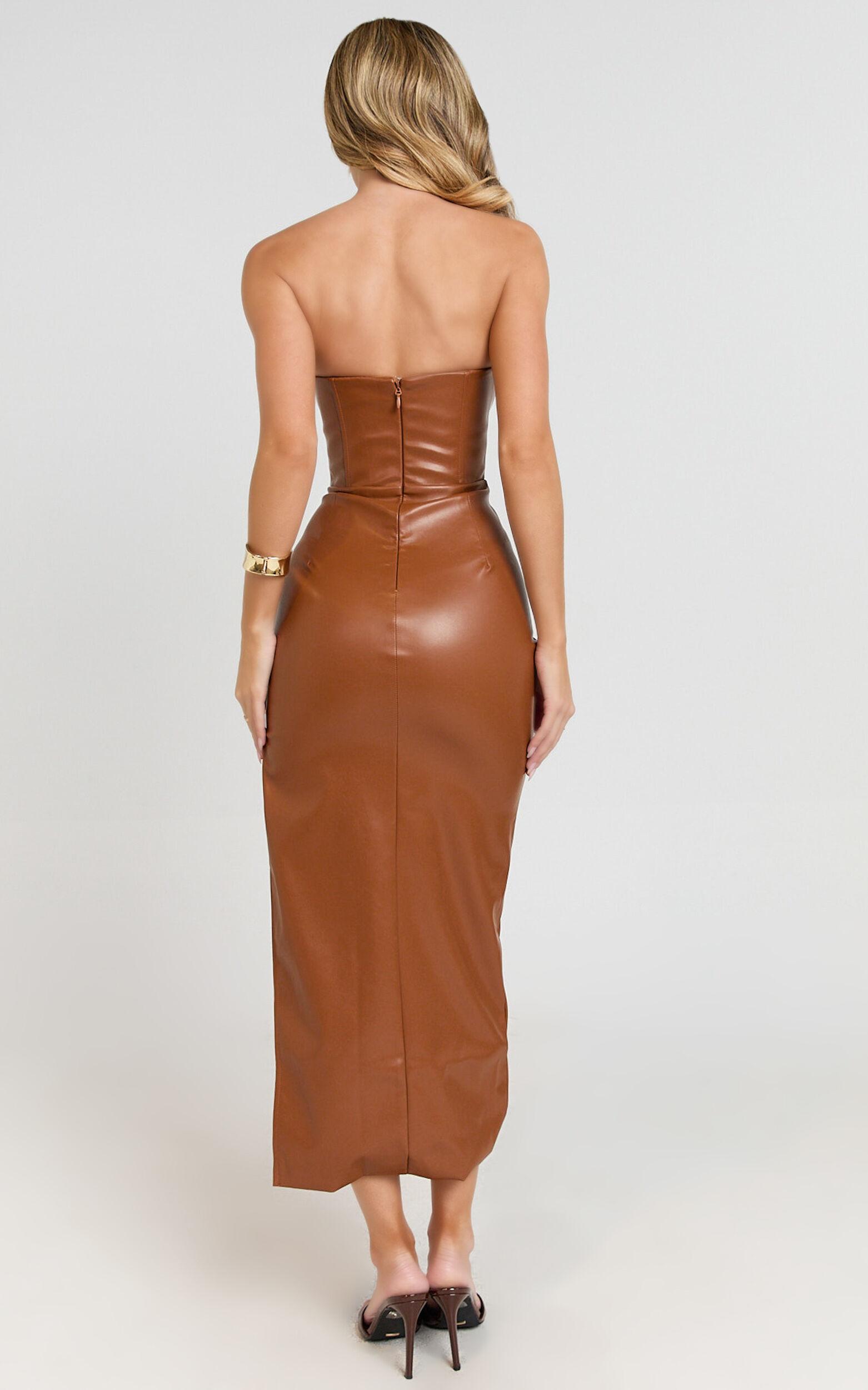 Orlando Midi Dress - Faux Leather Strapless Draped Waist Dress in Camel Product Image