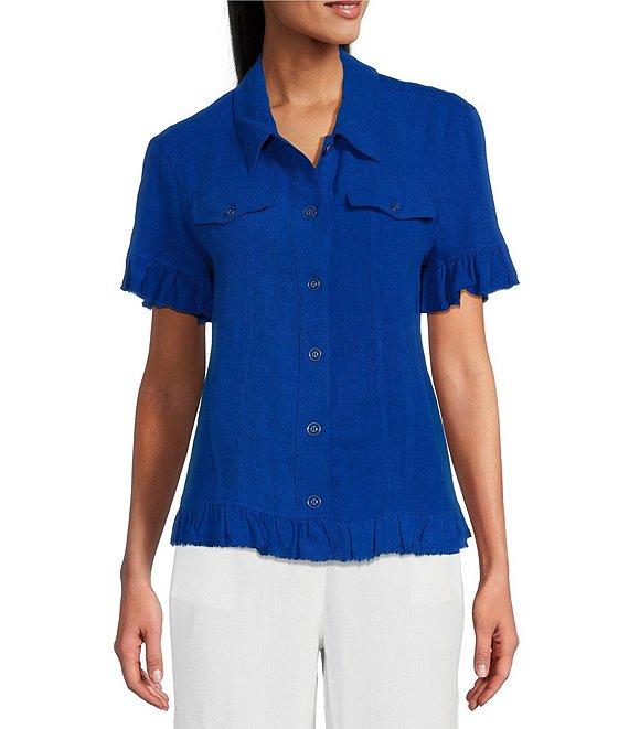 Multiples Textured Slub Woven Point Collar Short Sleeve Ruffle Detail Fitted Button Front Jean Jacket Product Image