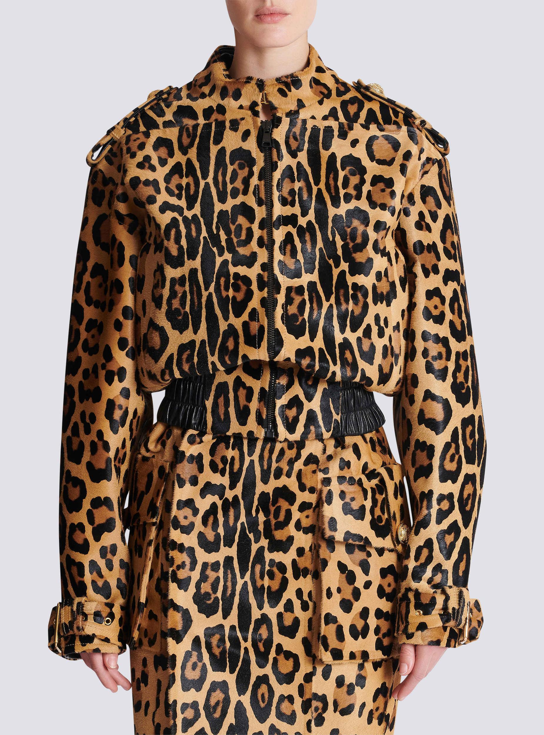 Ponyskin-style leather bomber jacket with leopard pattern Product Image