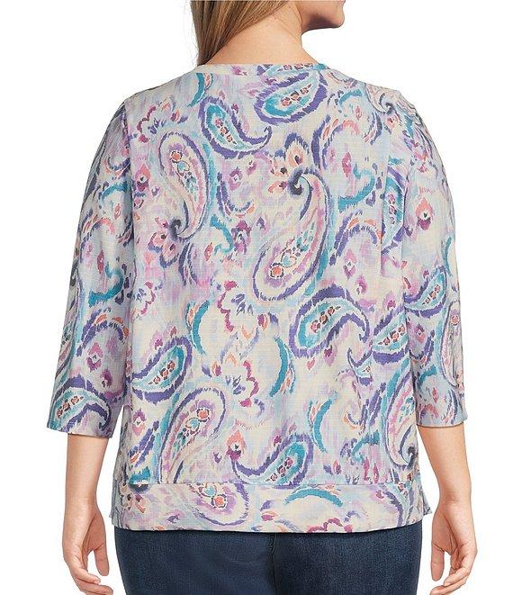 Westbound Plus Size Hazy Paisley Knit 3/4 Sleeve Crew Neck Ribbed Detail Print Top Product Image