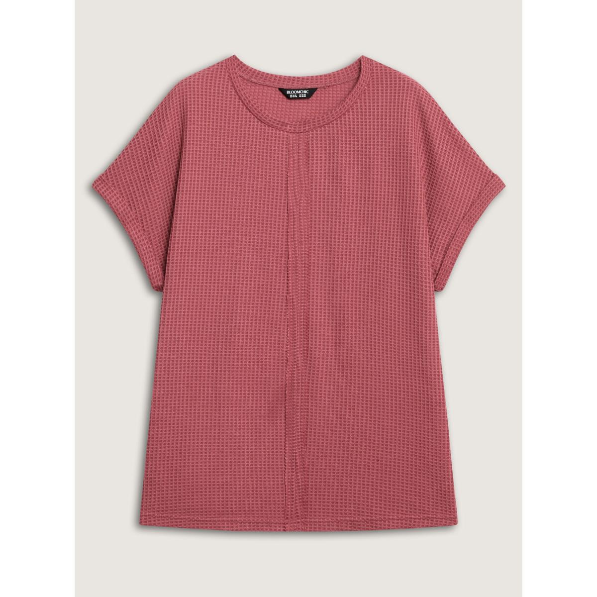 Plus Size Waffle Seamed Front Solid T-Shirt Rust Women Leisure Round Neck Casual T-shirts BloomChic 22-24/3X Product Image
