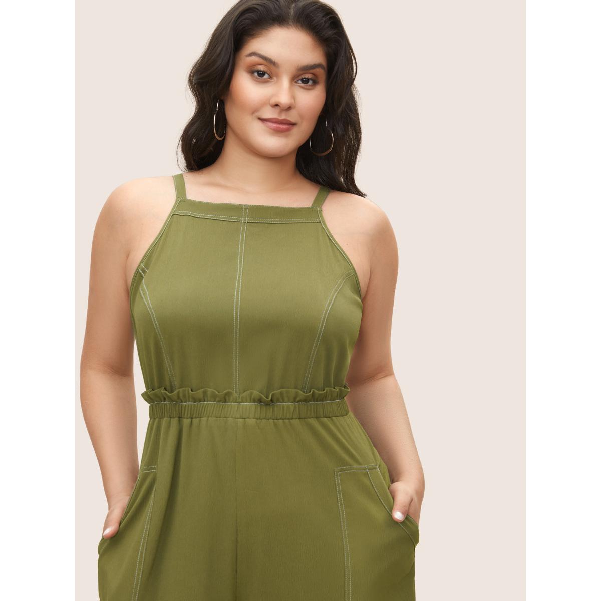 Plus Size ArmyGreen Plain Tucked Seam Frill Trim Jumpsuit Women Casual Sleeveless Non Everyday Loose Jumpsuits BloomChic 26/4X Product Image