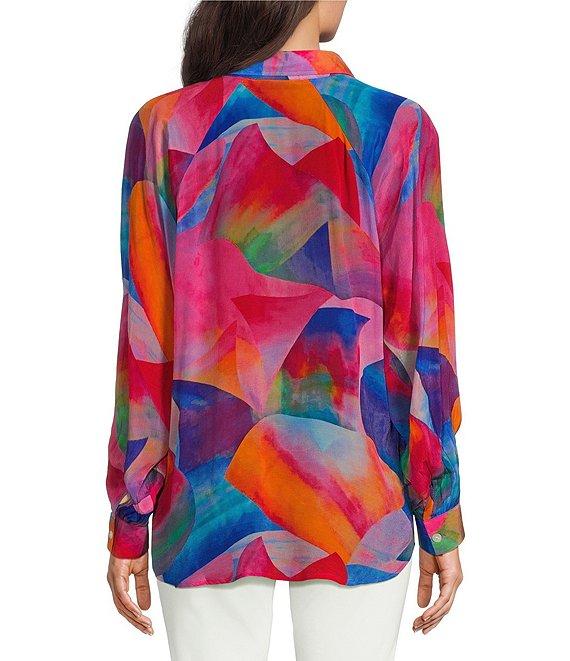 APNY Vibrant Print Half Placket Notch Collar Long Sleeve Blouse Product Image