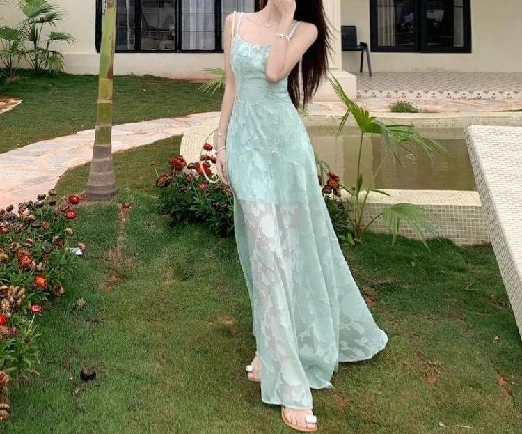 Spaghetti Strap Scoop Neck Floral Sheer Panel Maxi A-Line Dress Product Image