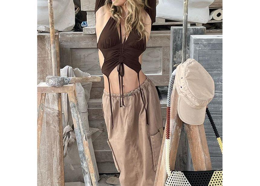 Set: Halter Open-Back Crop Top + Long-Sleeve Bolero Top Product Image