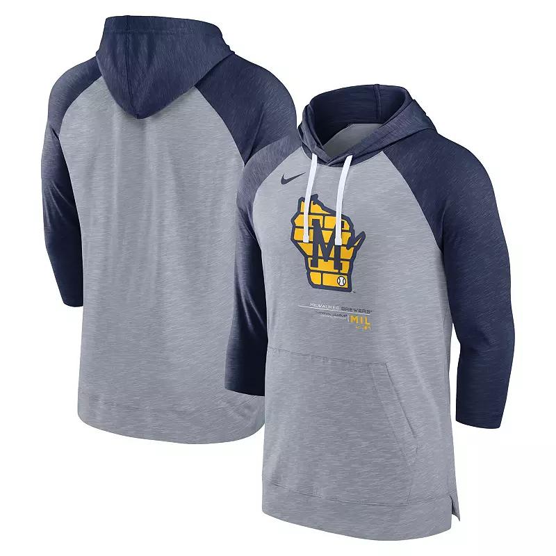 Men's Nike Heather Gray/Heather Navy Milwaukee Brewers Baseball Raglan 3/4-Sleeve Pullover Hoodie, Size: Small, Grey Product Image