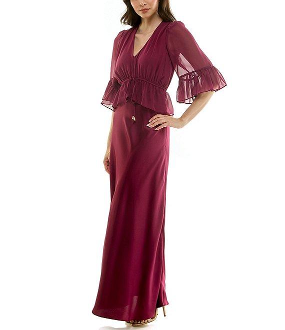 Moda Tara Crepe Satin & Georgette Chiffon Short Ruffle Sleeve A-Line Maxi Dress Product Image