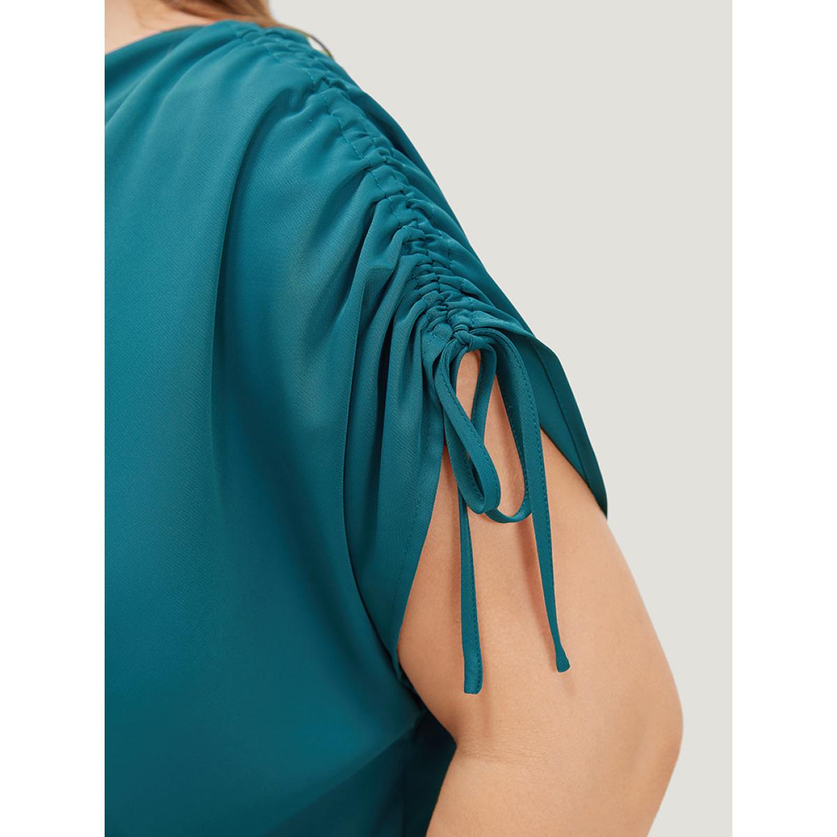 Plus Size Aegean Solid Cowl Neck Drawstring Sleeve Blouse Women Office Short sleeve Cowl Neck Work Blouses BloomChic 26/4X Product Image