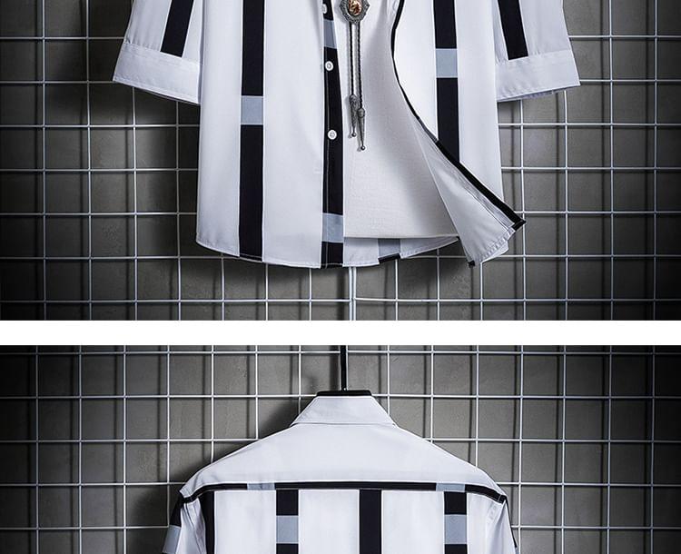Elbow Sleeve Collared Striped Shirt Product Image