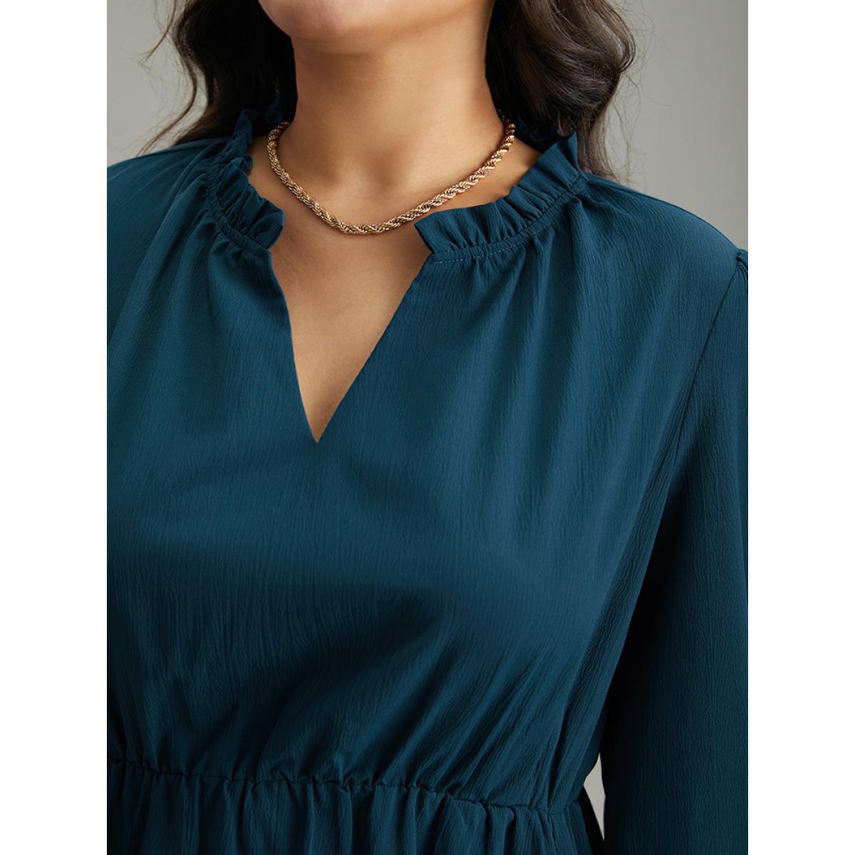 Plus Size Solid Frill Trim Guipure Lace Flutter Sleeve Dress Aegean Women At the Office Plain Notched collar Long Sleeve Curvy Midi Dress BloomChic 28/5X Product Image