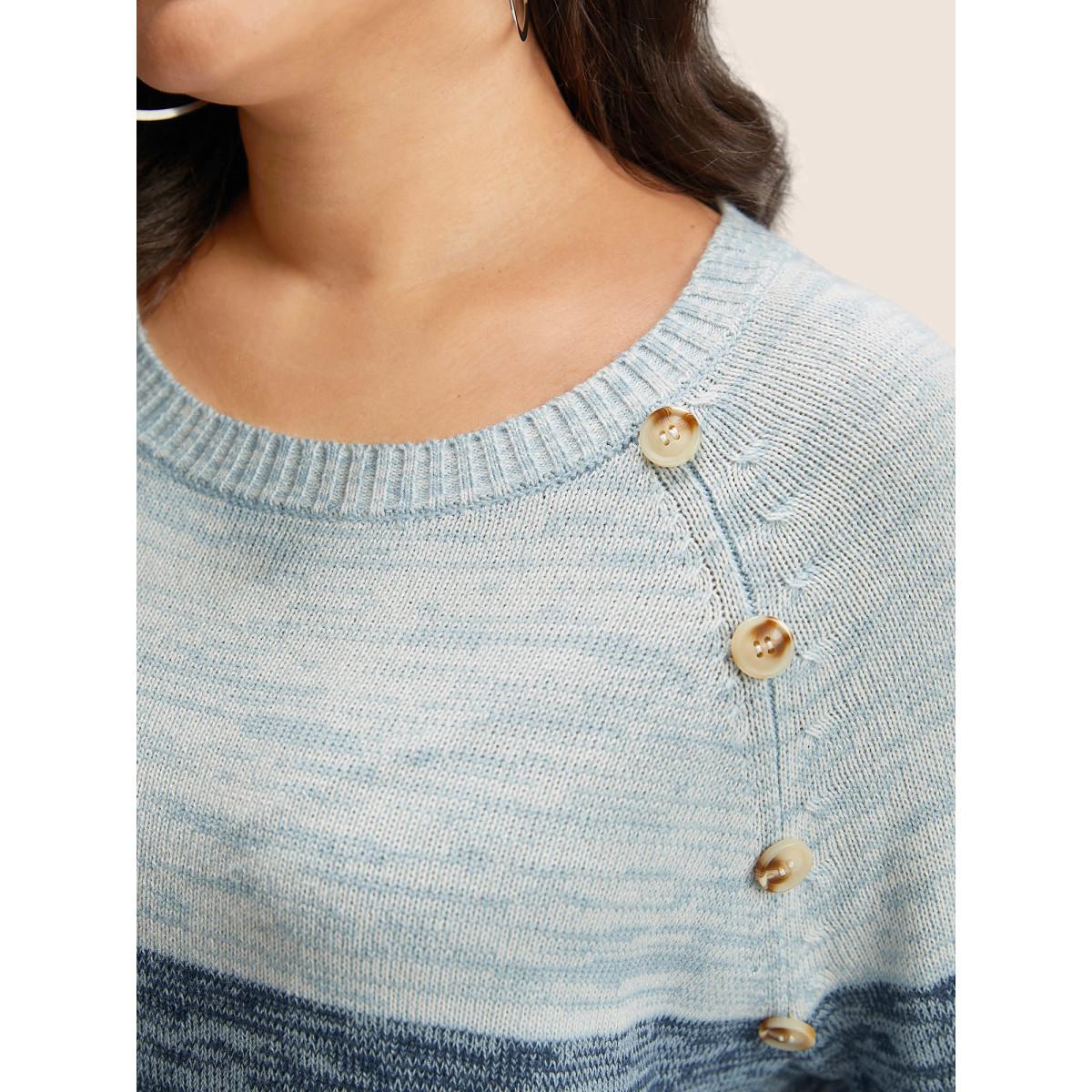 Plus Size Colorblock Contrast Heather Button Detail Pullover Indigo Women Leisure Long Sleeve Round Neck Casual Pullovers BloomChic 22-24/3X Product Image