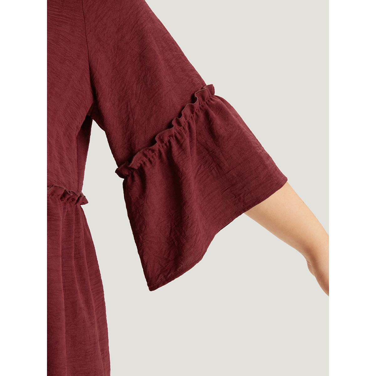 Plus Size Scarlet Plain V Neck Frill Trim Tassel Bell Hem Blouse Women Vacation Elbow-length sleeve V-neck Dailywear Blouses BloomChic 22-24/3X Product Image
