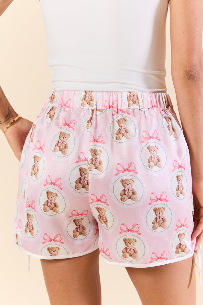 Snuggled Up Teddy Bear Printed Contrast Tie Detail Satin Pajama Shorts FINAL SALE Girls Product Image