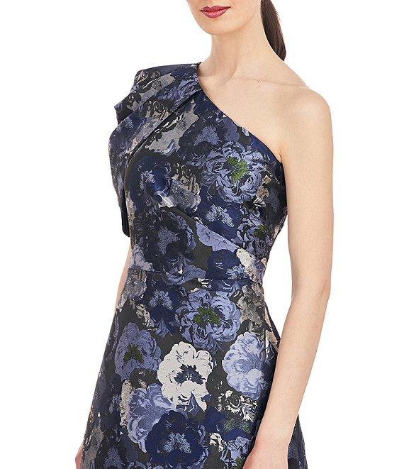 Kay Unger Floral Jacquard One Shoulder Drape Puff Sleeve Gown Product Image