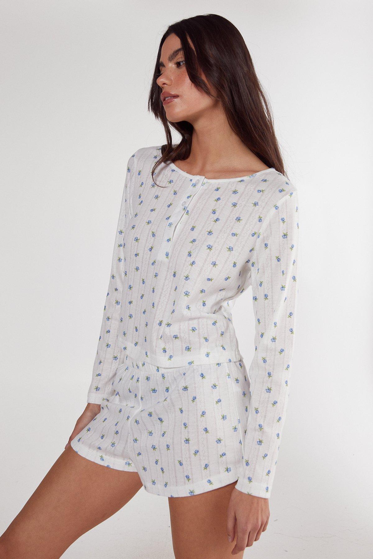Pointelle Ditsy Floral Long Sleeve Top and Short Pajama Set  Product Image