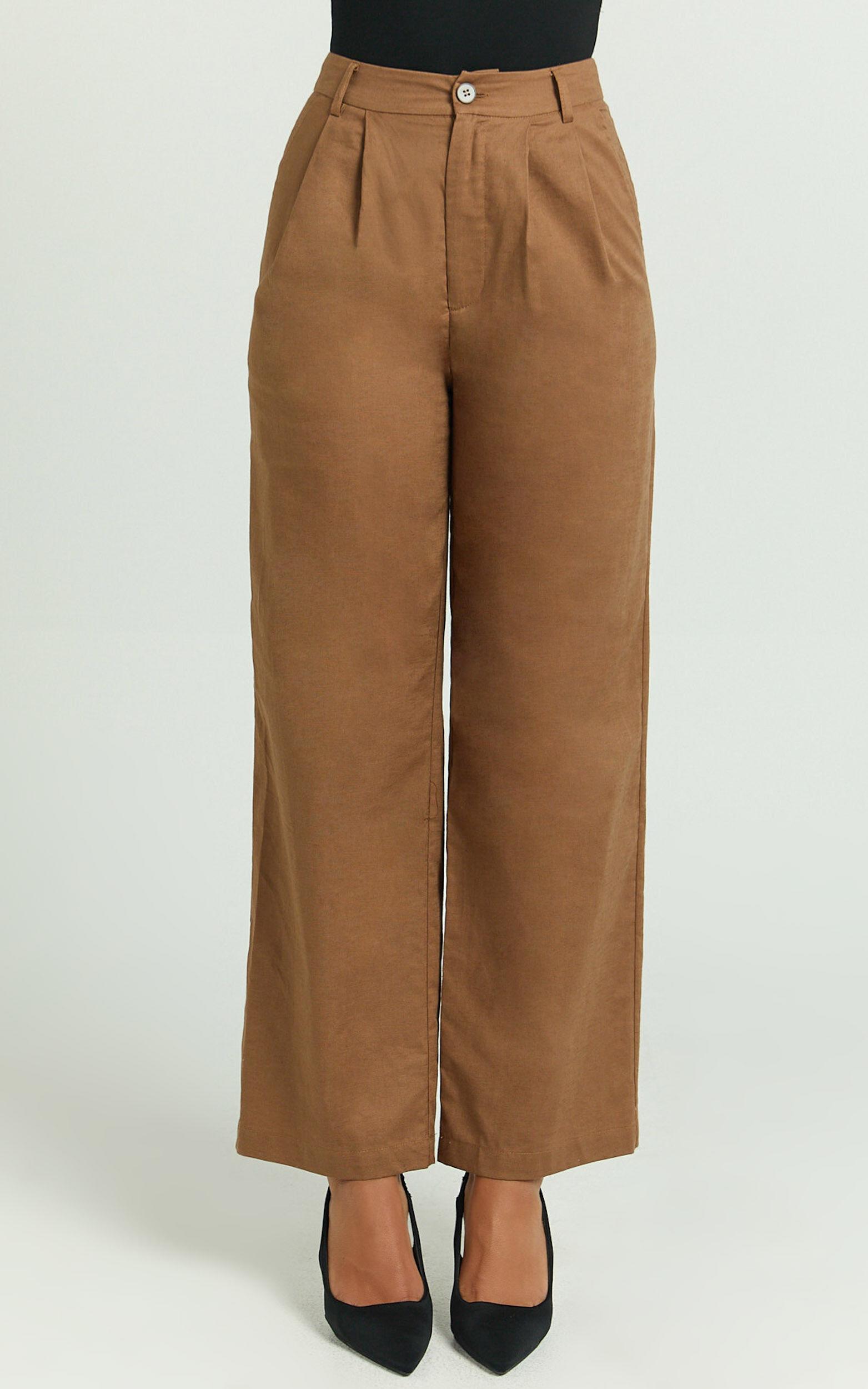 Celenia Linen Blend Pants - High Waisted Wide Leg Pants in Tobacco Product Image