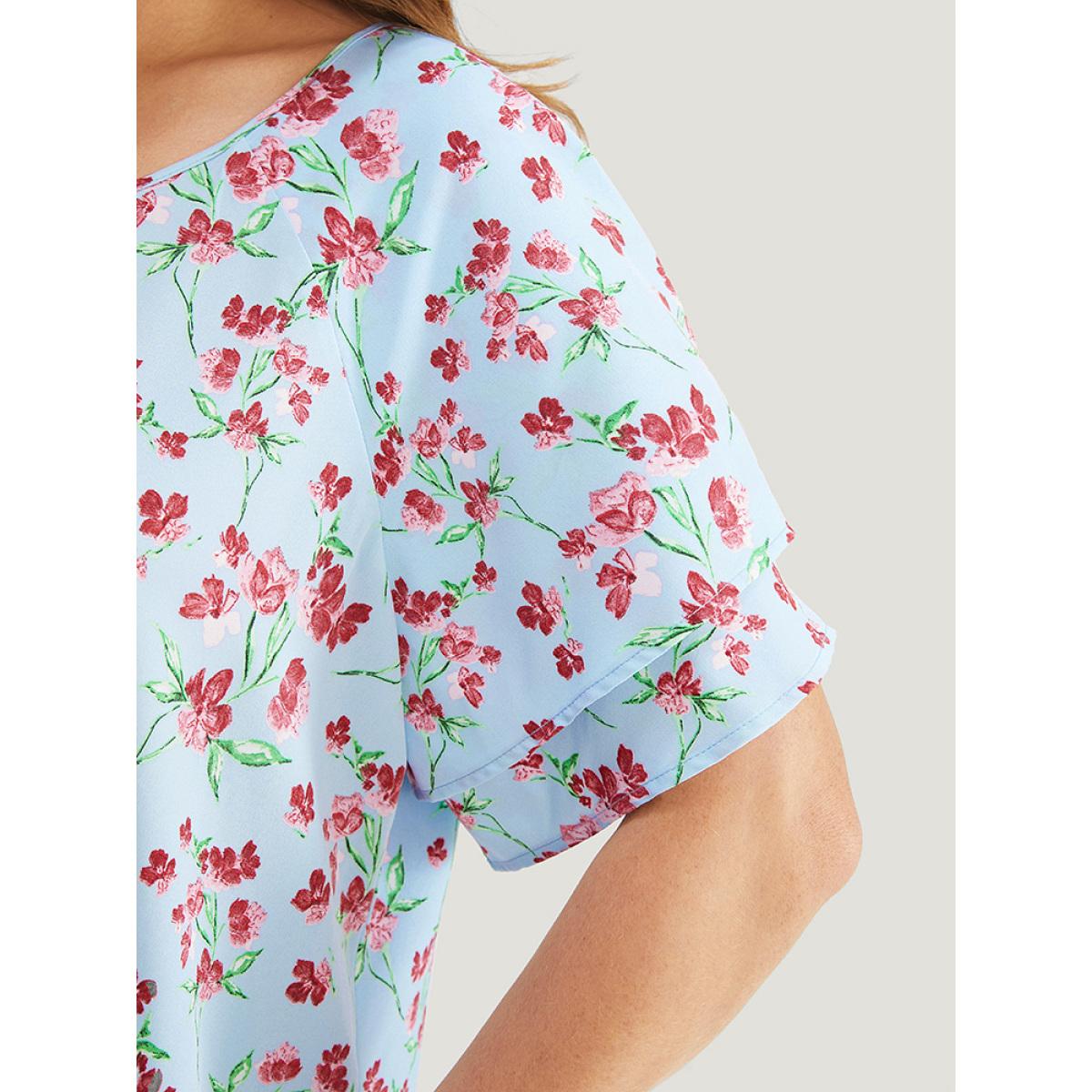 Plus Size LightBlue Ditsy Floral Keyhole Knot Neck Tiered Sleeve Blouse Women Elegant Short sleeve Round Neck Dailywear Blouses BloomChic 12/L Product Image