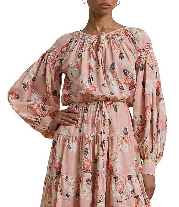 Lauren Ralph Lauren Voile Floral Print V-Neck Long Sleeves Tiered A-Line Dress Product Image