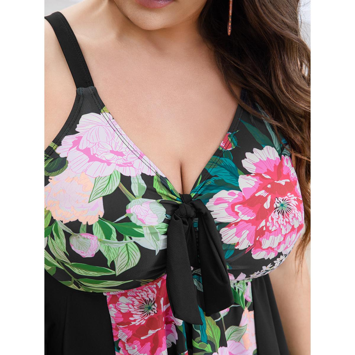 Plus Size Floral Patchwork Ruffle Knotted Swim Dress Women's Swimwear BlackFlower Vacation Bodycon V-neck High stretch Curve Swim Dresses BloomChic 30/6X Product Image