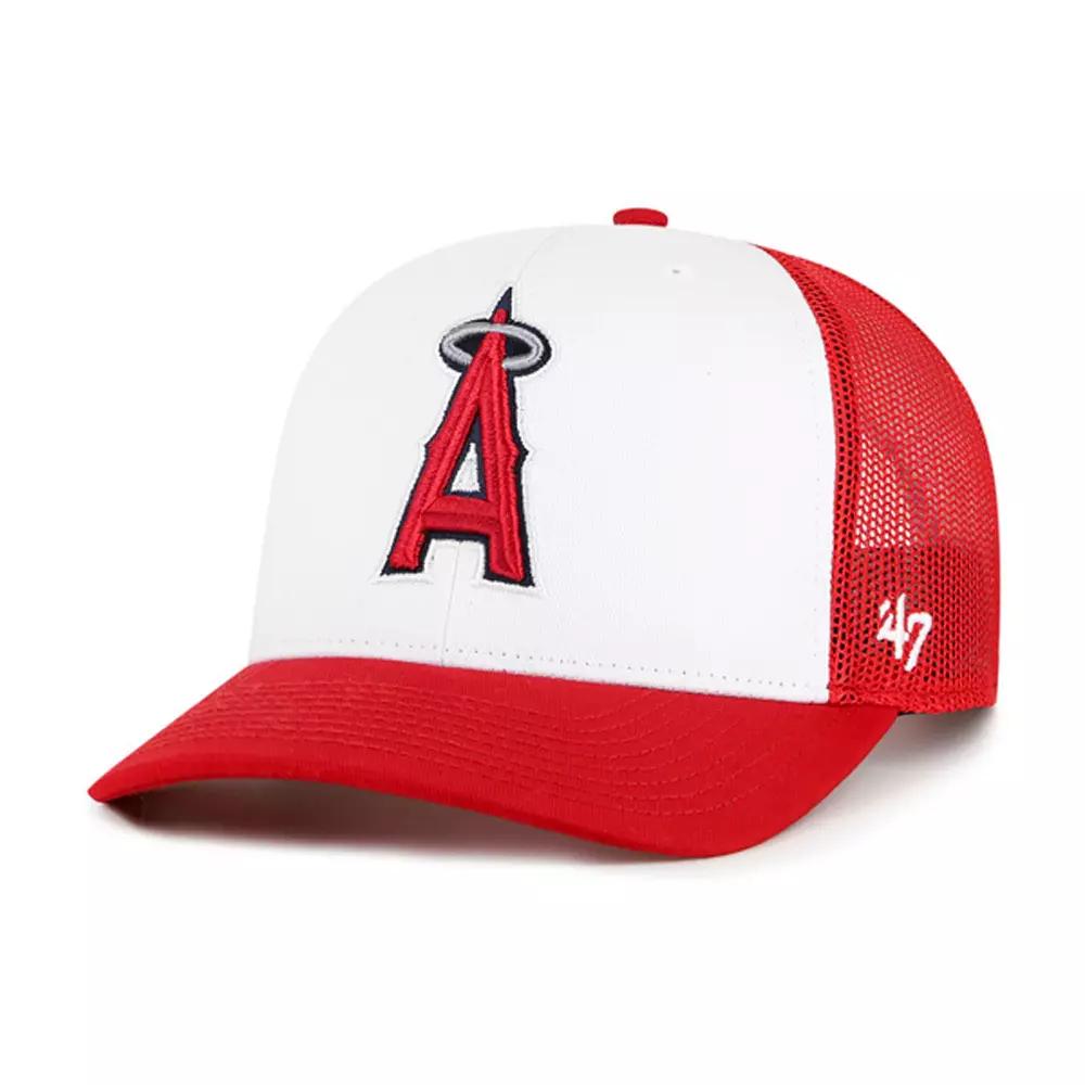 Men's '47 White/Red Los Angeles Angels Freshman Trucker Adjustable Hat Product Image