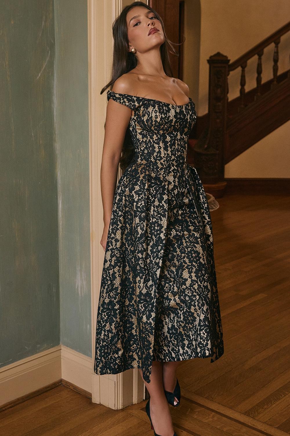 Charming  black gold lace off shoulder midi gown Product Image