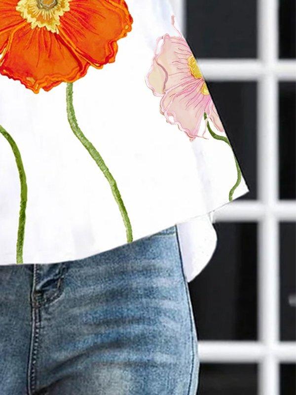 High-low Loose Flower Print Split-Joint Stand Collar T-Shirts Tops Product Image