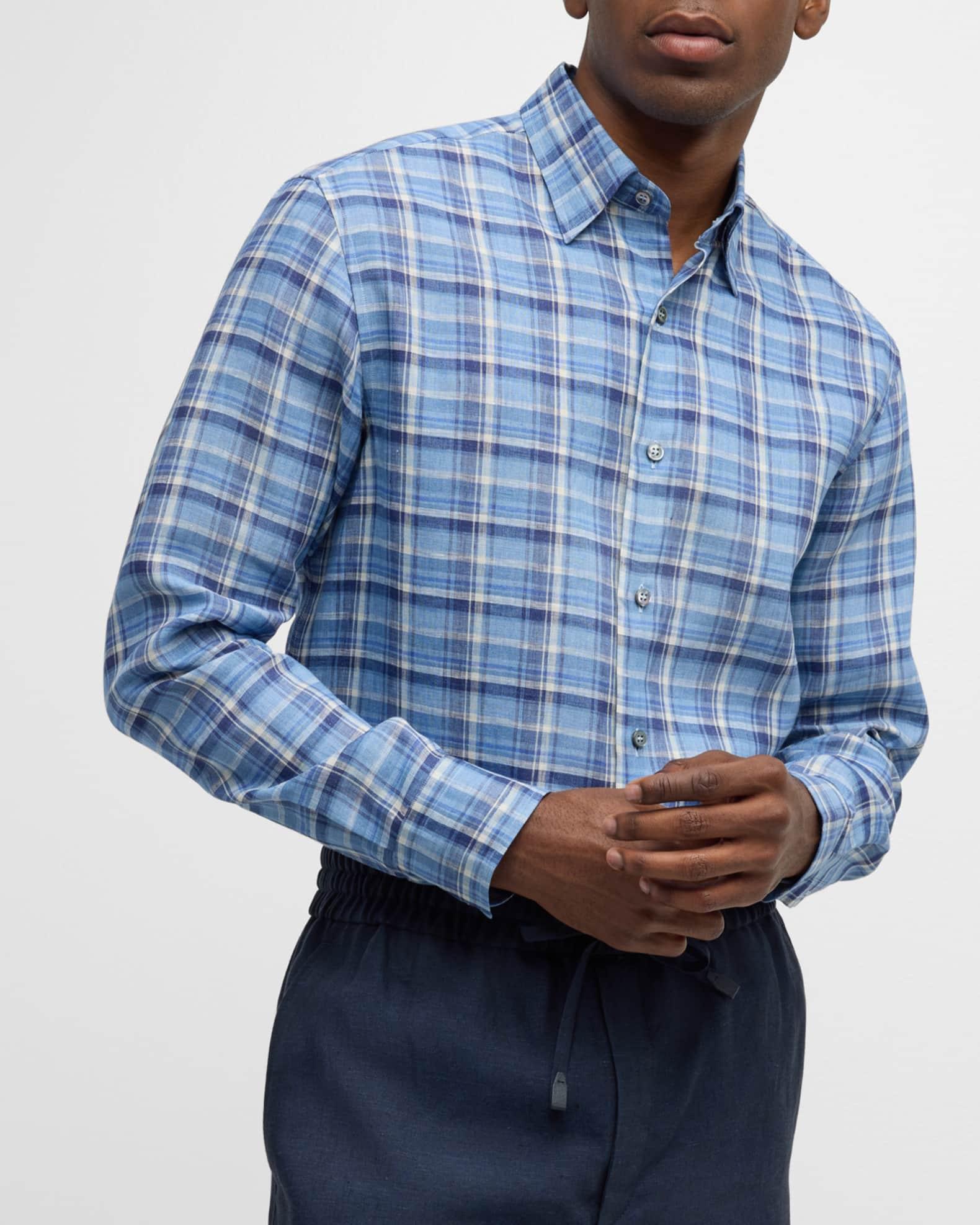 Men's Linen Plaid Casual Button-Down Shirt Product Image