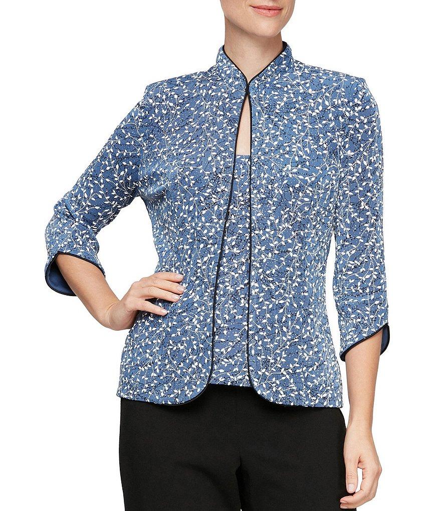 Alex Evenings Mock Neck 3/4 Sleeve Piping Glitter Embellished Printed 2-Piece Twinset Product Image