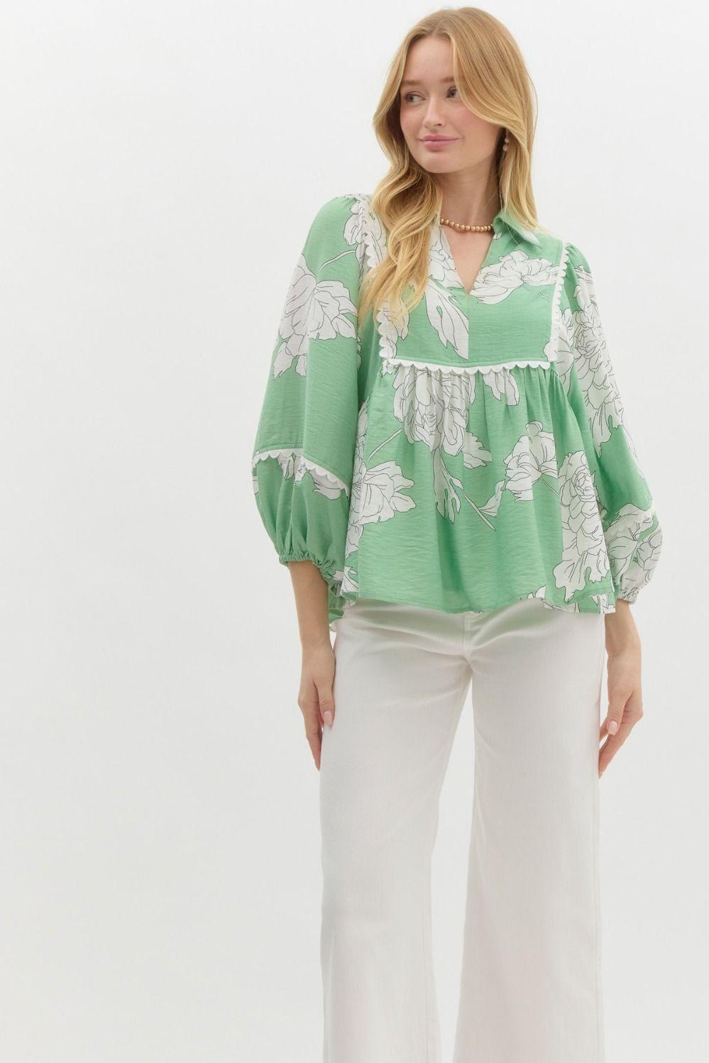Sweet & Scalloped Mint Floral Blouse Product Image