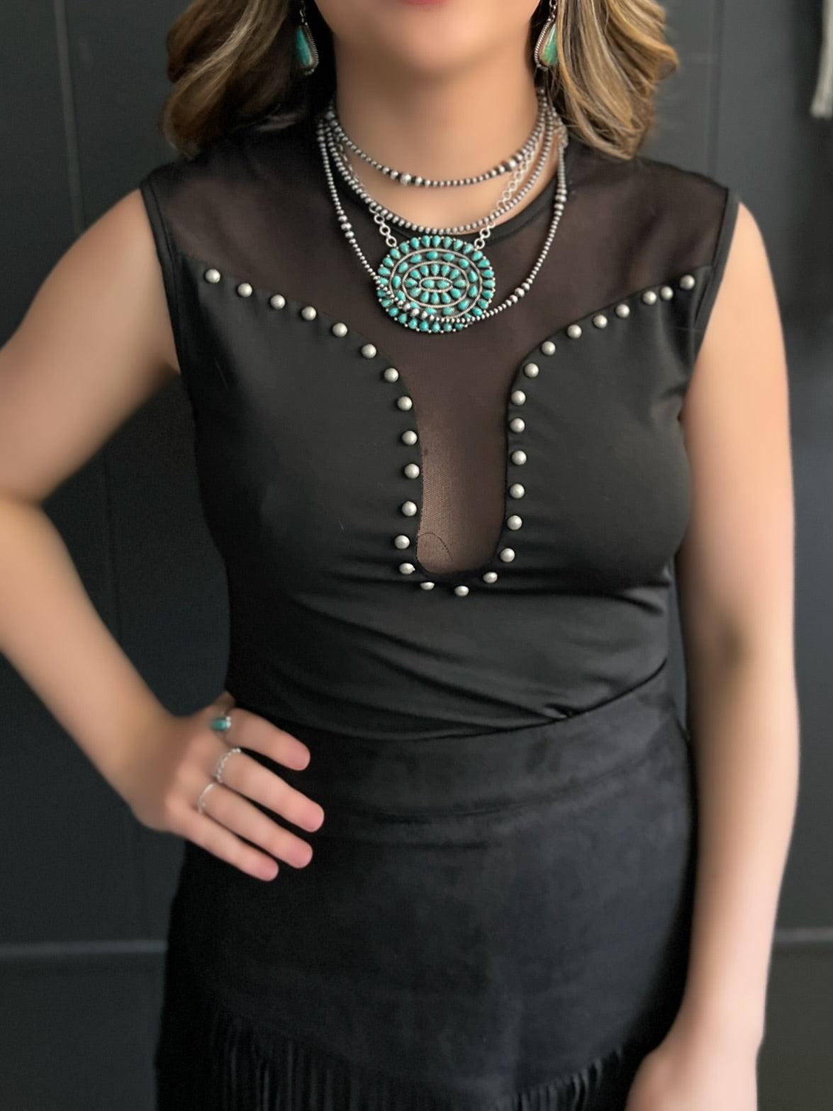 Black Studded Bodysuit with Mesh Front Product Image