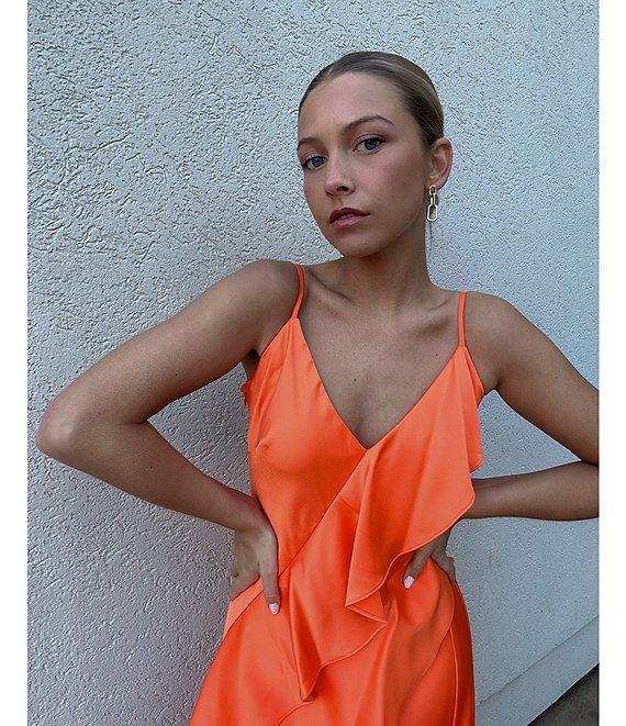 Gianni Bini Quinn Ruffle Draped V-Neck Sleeveless Satin Dress Product Image