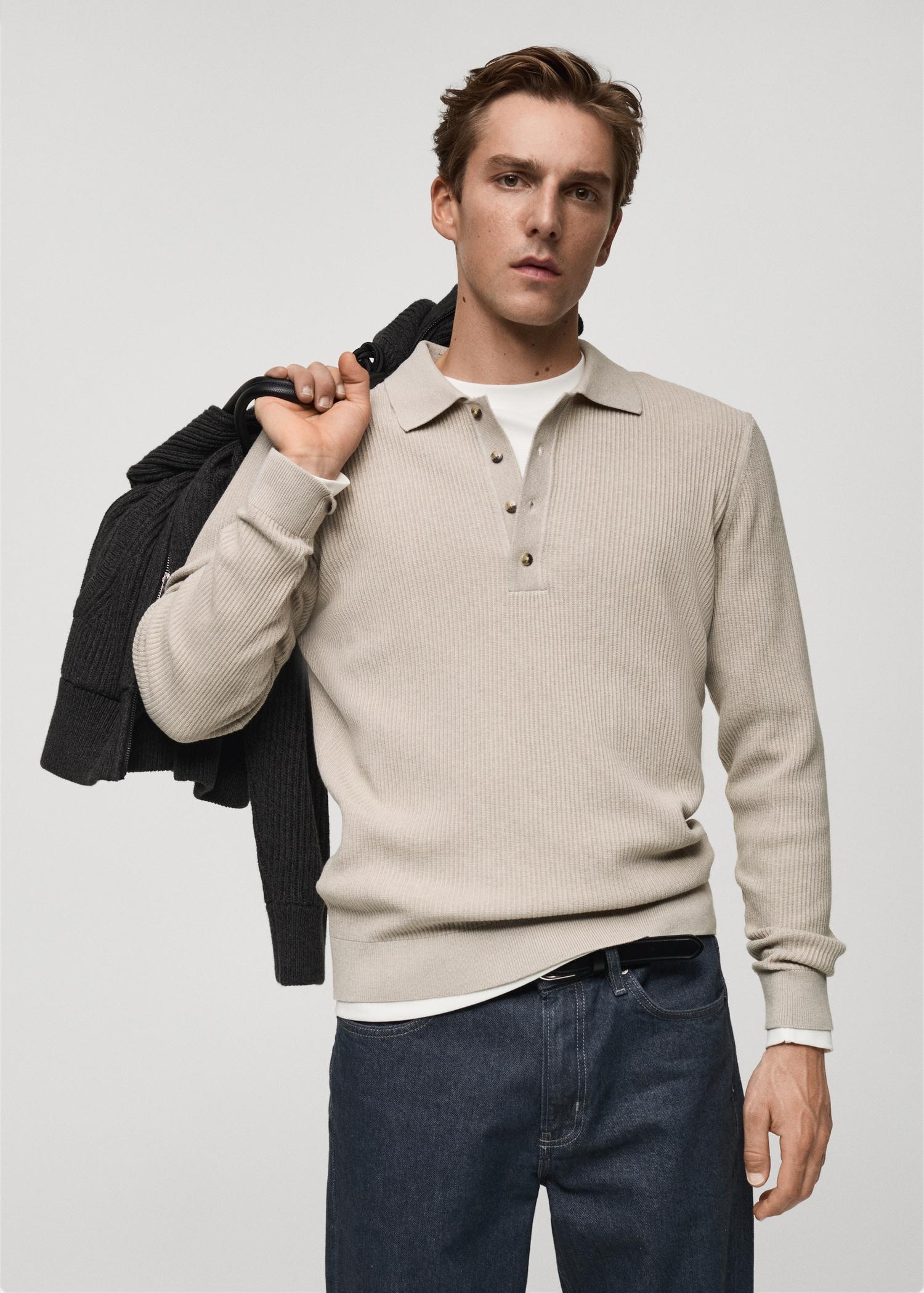 Cotton-blend ribbed polo sweater - Men | MANGO USA Product Image