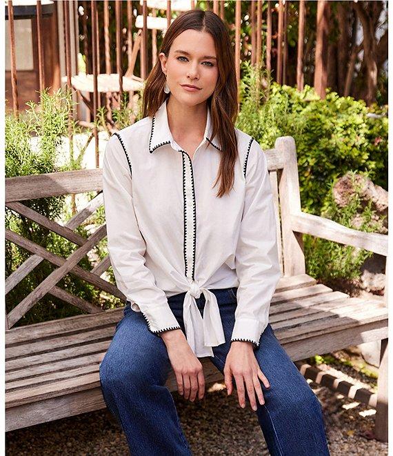 Karen Kane Edge Stitch Collared Long Sleeve Tie Top Product Image