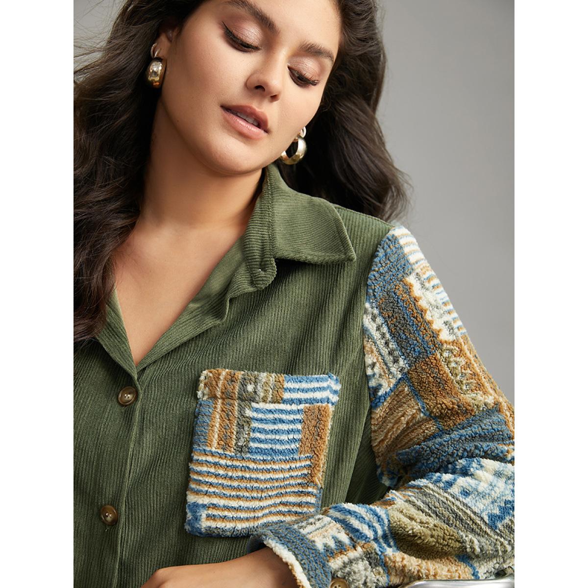 Plus Size Textured Contrast Patchwork Button Through Jacket Women ArmyGreen Casual Contrast Ladies Dailywear Winter Coats BloomChic 26/4X Product Image