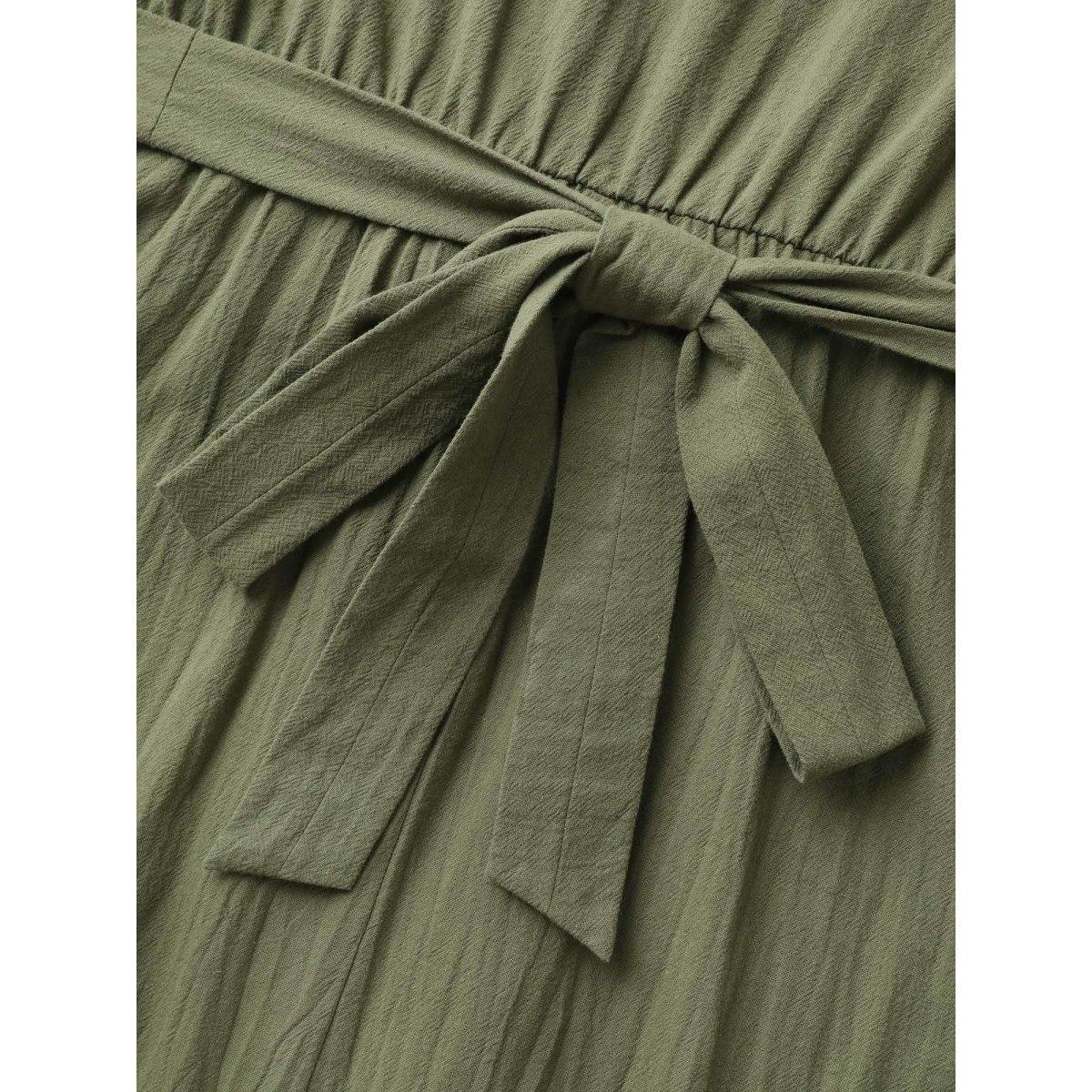 Plus Size Cotton Back-Tie Overlap Shirt Dress ArmyGreen Women Office Tie knot Shirt collar Short sleeve Curvy BloomChic 22-24/3X Product Image