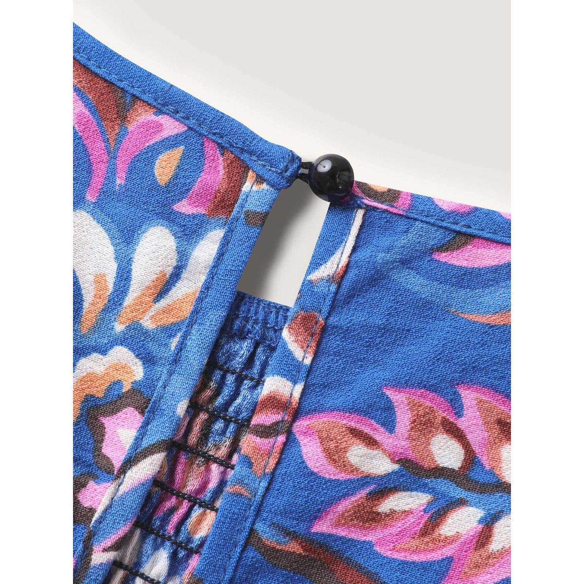 Plus Size DarkBlue Floral Shirred Bodice Pockets Jumpsuit Women Boho Cap Sleeve Round Neck Vacation Loose Jumpsuits BloomChic 22-24/3X Product Image