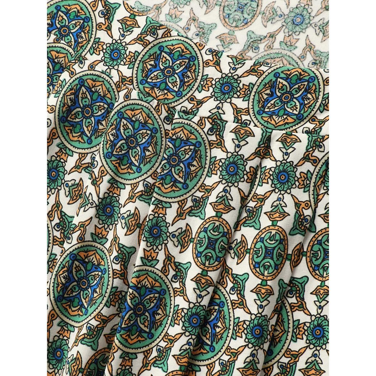 Plus Size Floral Print Pleated Neckline Tank Top Women Teal Boho Pleated Square Neck Vacation Tank Tops Camis BloomChic 12/L Product Image