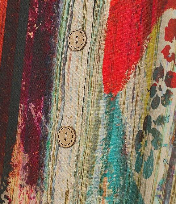 Ali Miles Woven Abstract Multi Print Point Collar 3/4 Cuff Sleeve Button Front Tunic Product Image