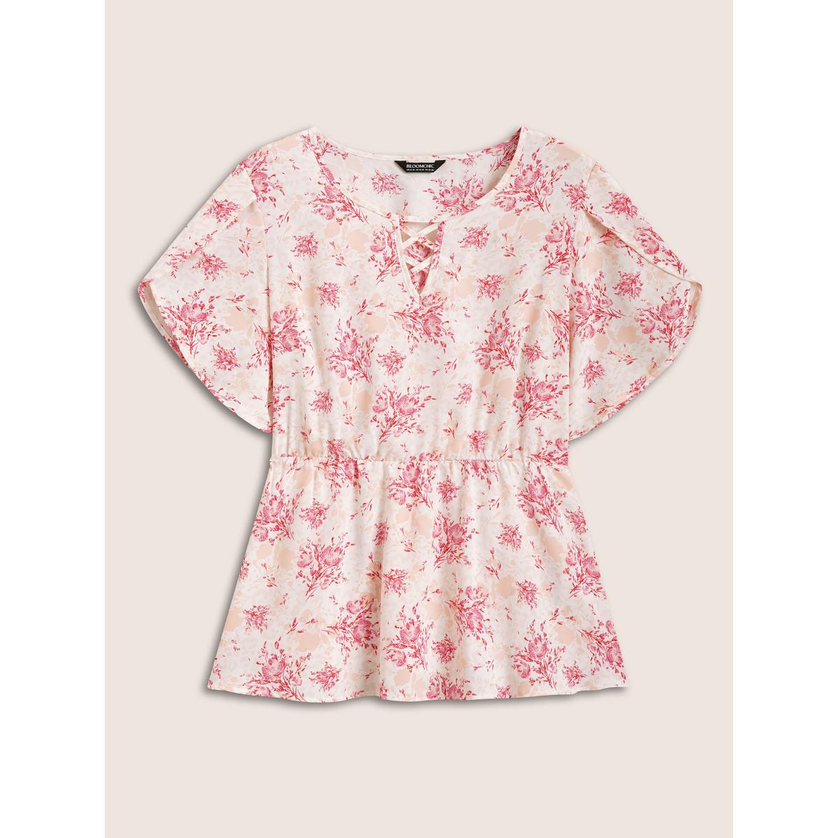 Plus Size Blush Floral Petal Sleeve Elastic Waist Crisscross Blouse Women Elegant Short sleeve Non Everyday Blouses BloomChic 18-20/2X Product Image
