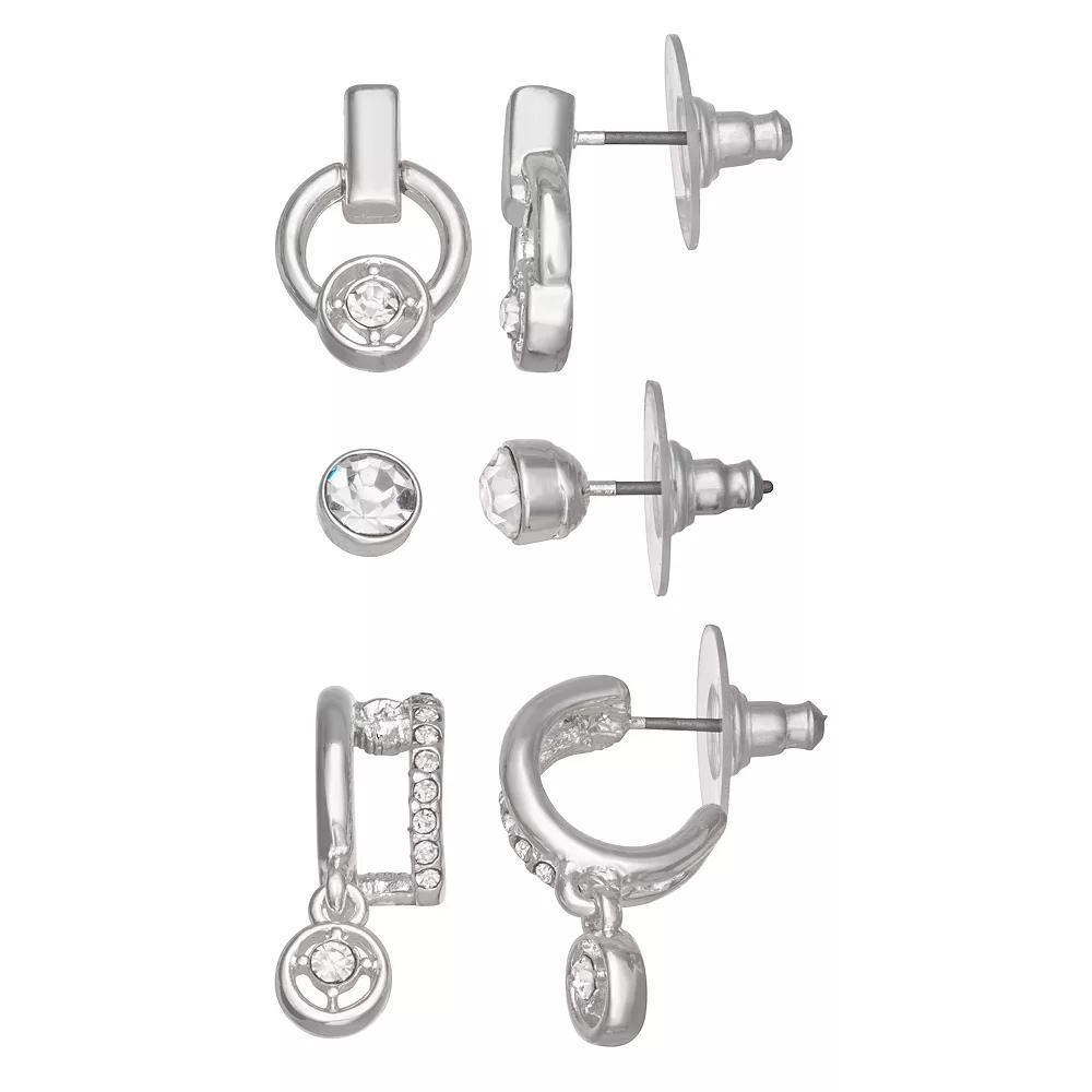 Nine West Silver Tone & Crystal 3-Pair Stud Earring Set, Women's Product Image