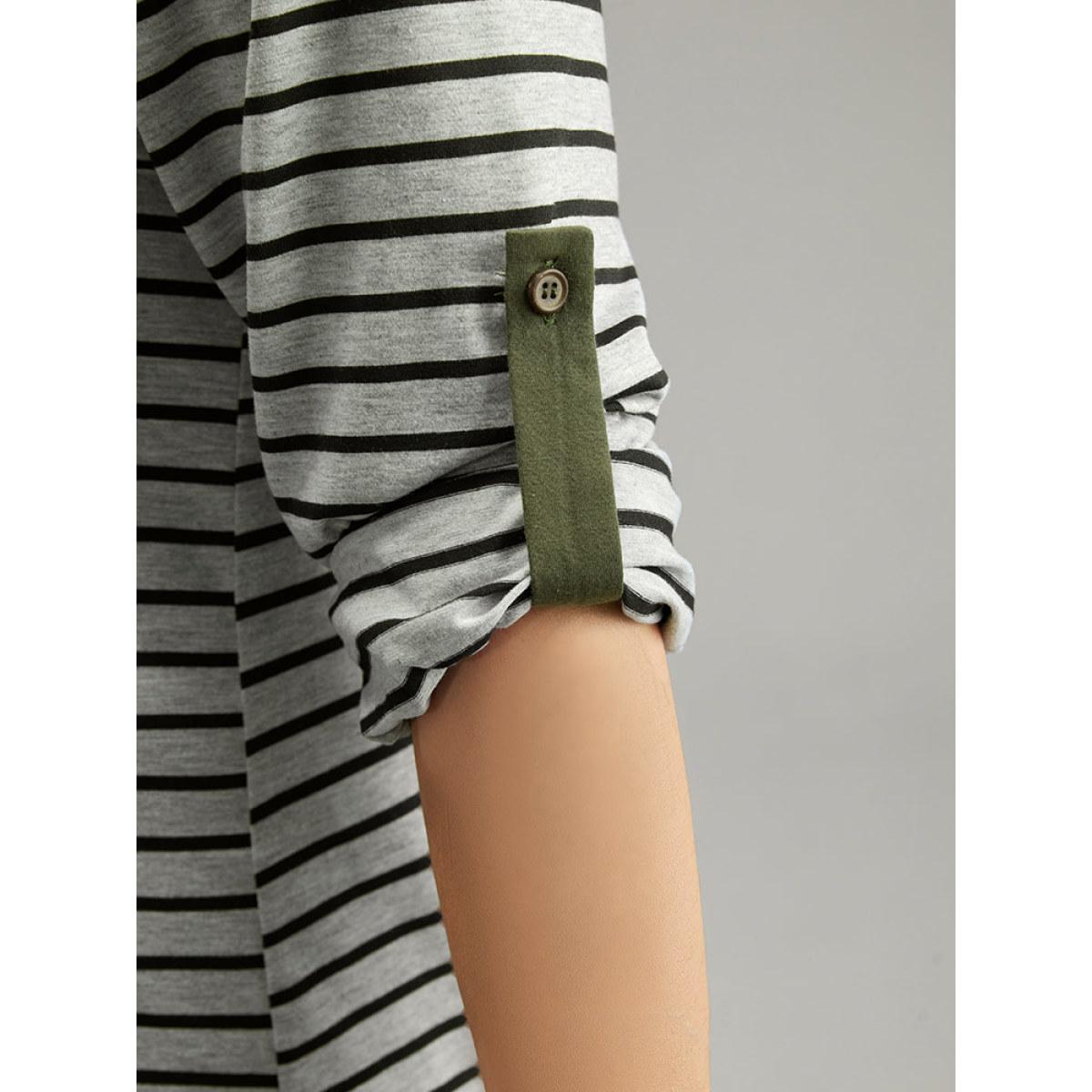 Plus Size Striped Contrast Button Up Tab Sleeve T-shirt Gray Women Casual Contrast Striped Open Front Everyday T-shirts BloomChic 14-16/1X Product Image