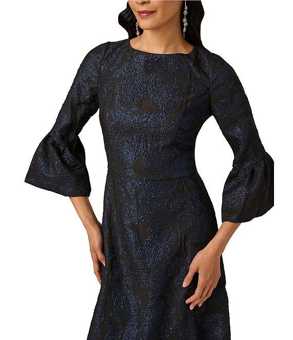 Adrianna Papell Jacquard Metallic Floral Print 3/4 Bell Sleeve A-Line Dress Product Image